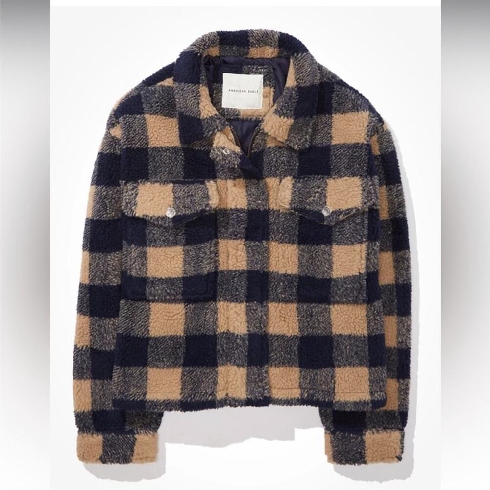 American Eagle Plaid Print Sherpa Zip Up Jacket Size L